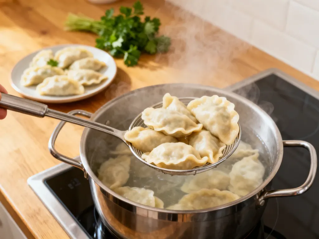 Świeżo ugotowane pierogi wyjmowane łyżką z parującego garnka, w tle talerzyk z gotowymi pierogami i pietruszką