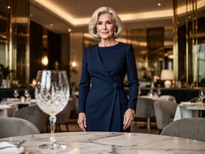 Elegancka kobieta w pastelowej sukience i fascynatorze na tle słonecznego toru wyścigowego. Stylizacja na wyścigi konne.