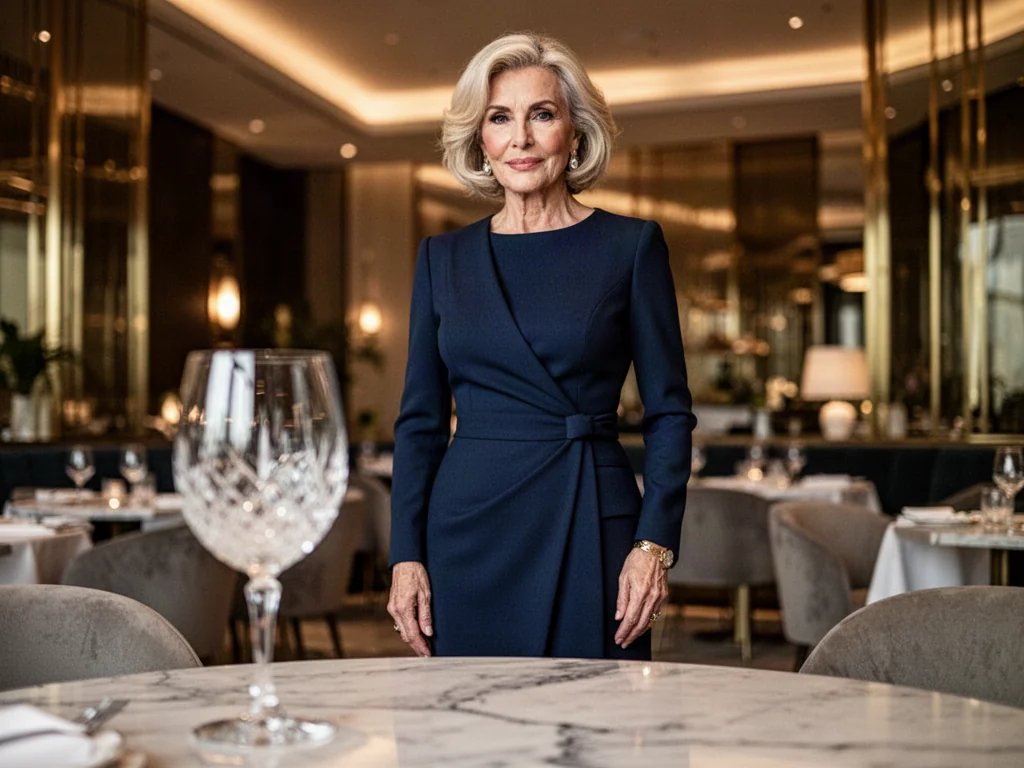Elegancka kobieta w granatowej sukience w stylowym wnętrzu restauracji, idealna inspiracja na stylizację na 50. urodziny.