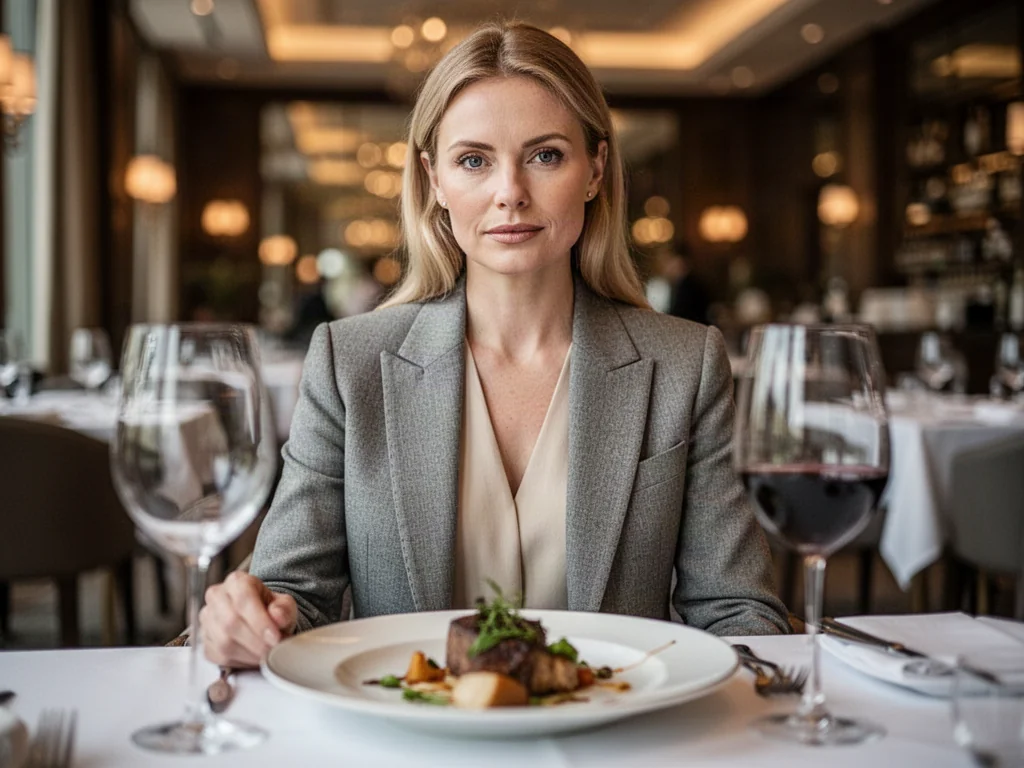 Elegancka kobieta w stylu smart-casual siedząca przy stoliku w restauracji, prezentująca propozycję stroju na obiad.