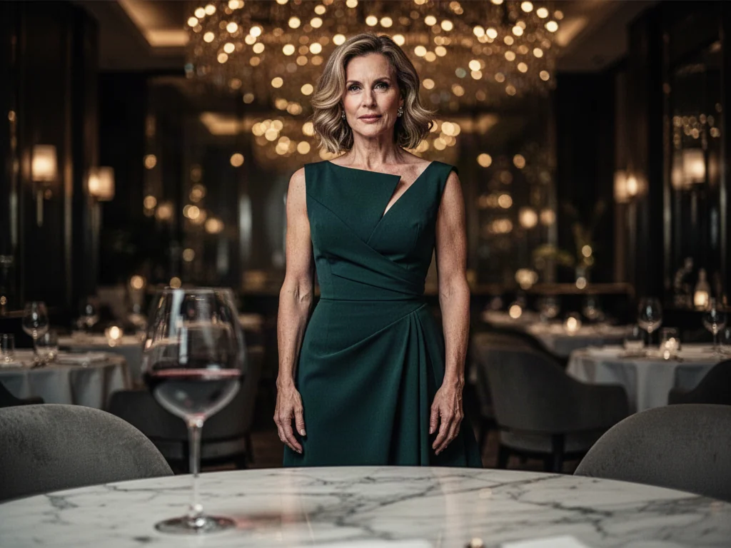 Elegancka kobieta w koktajlowej sukience w luksusowej restauracji, prezentująca szykowną stylizację na 40. urodziny.