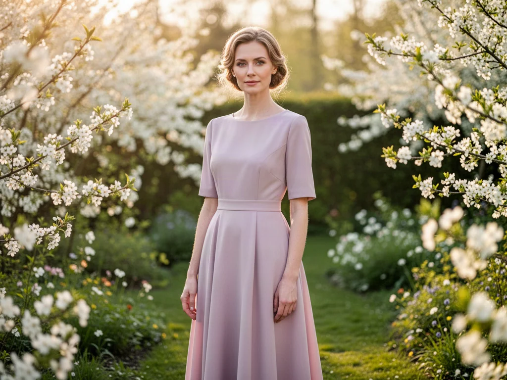 Elegancka kobieta w pastelowej sukience midi w wiosennym ogrodzie, prezentująca modną stylizację na komunię.