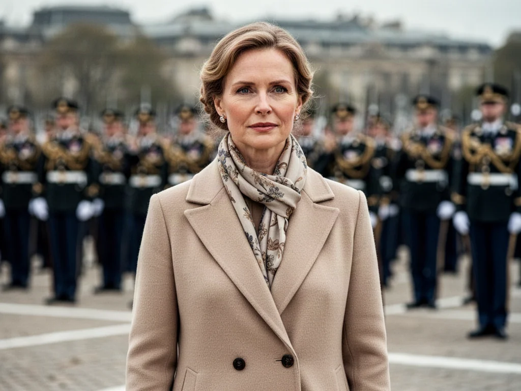 Elegancka kobieta w płaszczu na tle żołnierzy podczas uroczystości wojskowej. Stylizacja odpowiednia na przysięgę.