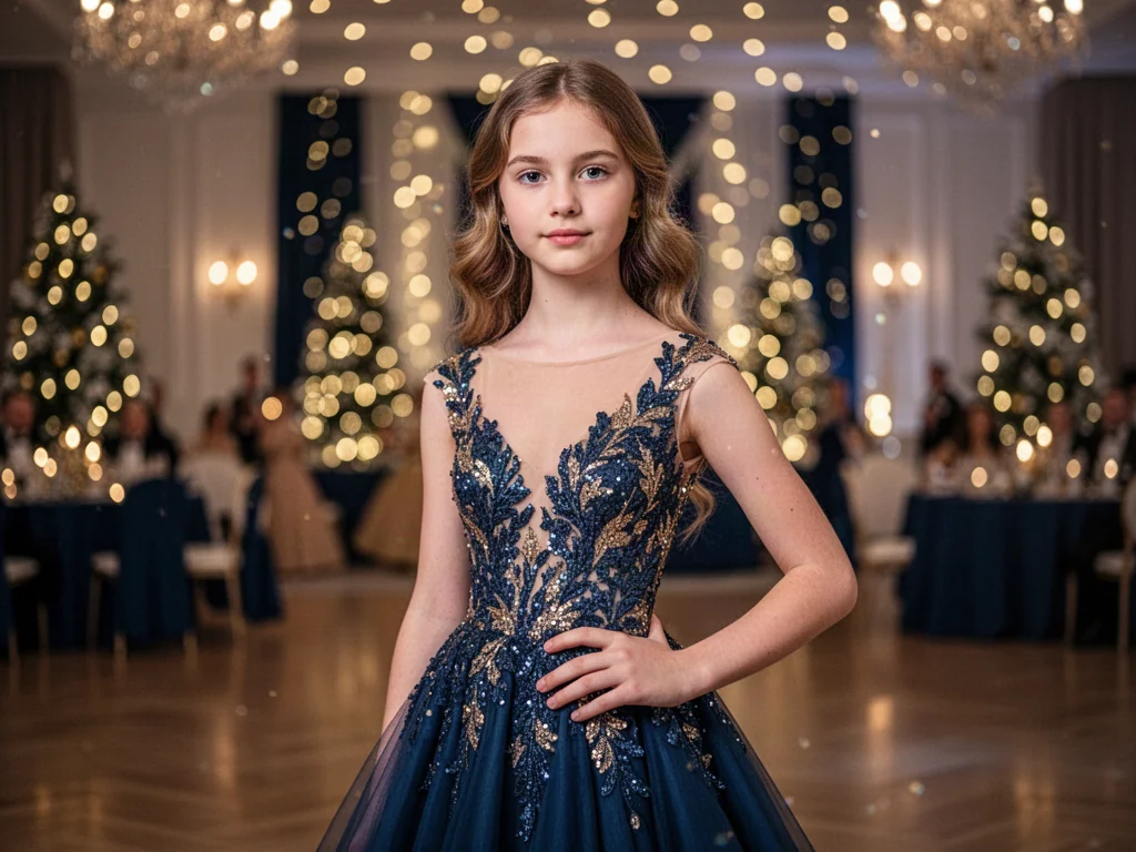 Nastolatka w eleganckiej sukni wieczorowej na tle sali balowej z nastrojowym oświetleniem.