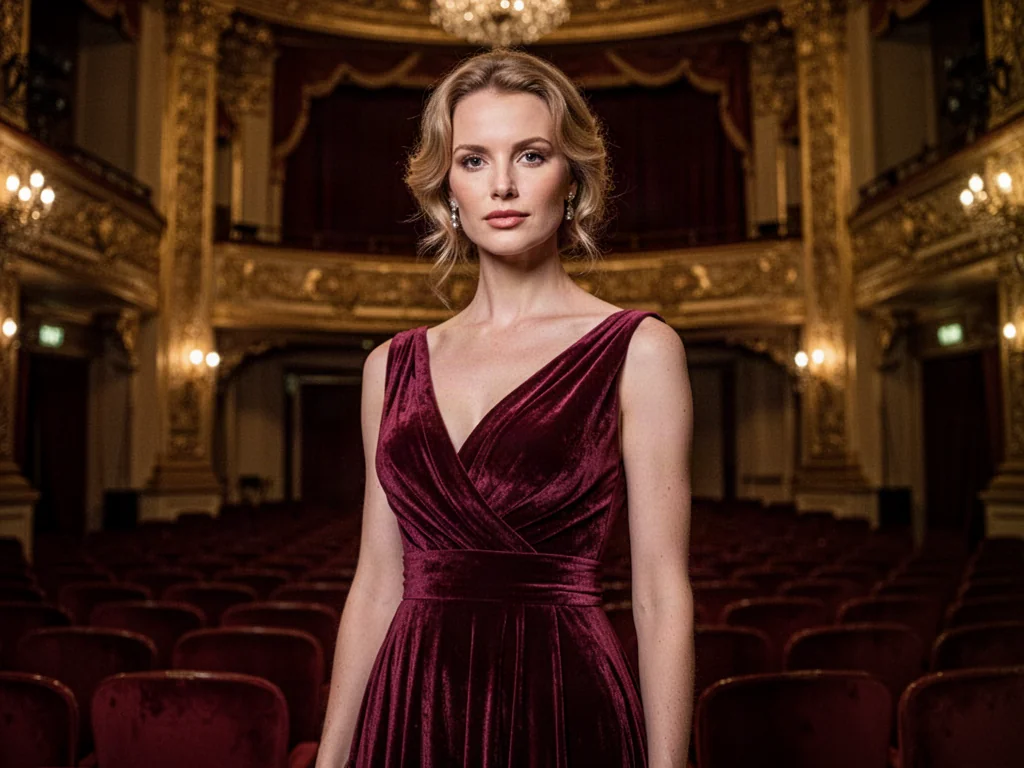Elegancka kobieta w koktajlowej sukni w stylowym foyer teatru, prezentująca szykowną stylizację na wieczorne wyjście.
