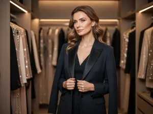 Pewna siebie kobieta w eleganckiej, dopasowanej sukience pozuje w nowoczesnym butiku z modną odzieżą.