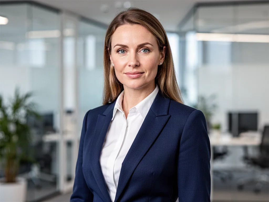 Pewna siebie kobieta w granatowej marynarce i białej koszuli na tle nowoczesnego biura, prezentująca profesjonalny wizerunek.