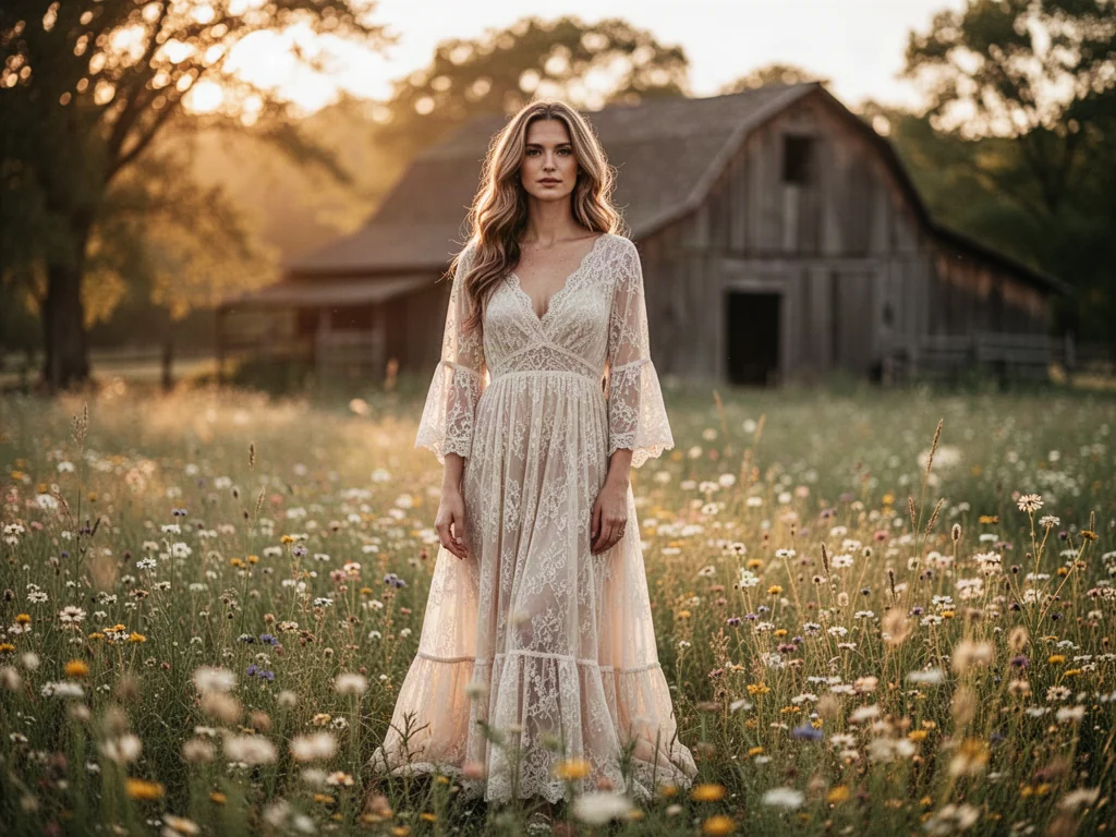 Kobieta w koronkowej sukni boho na łące, prezentująca stylizację idealną na wesele w rustykalnym klimacie.