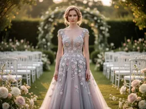 Elegancka kobieta w pastelowej sukience midi w wiosennym ogrodzie, prezentująca modną stylizację na komunię.