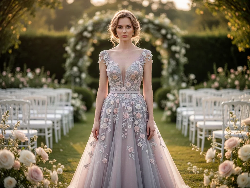 Elegancka świadkowa w pastelowej sukni maxi na tle słonecznego ogrodu podczas ceremonii ślubnej.