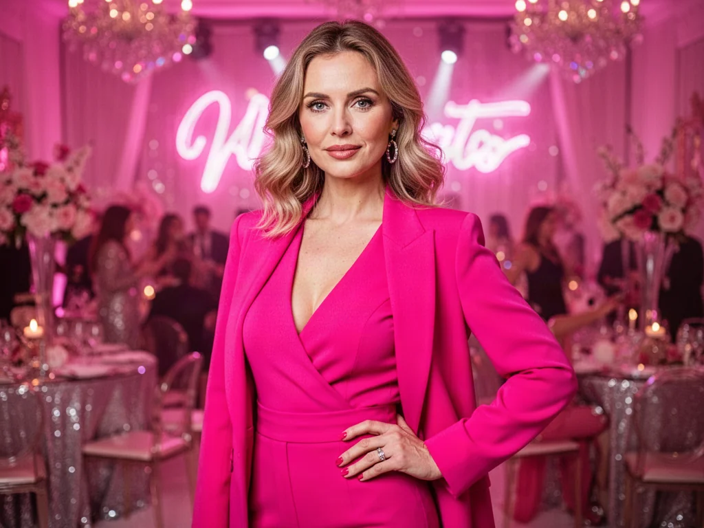 Stylowa kobieta w różowym stroju na tle imprezy w klimacie Barbie, prezentująca modną stylizację na przyjęcie.